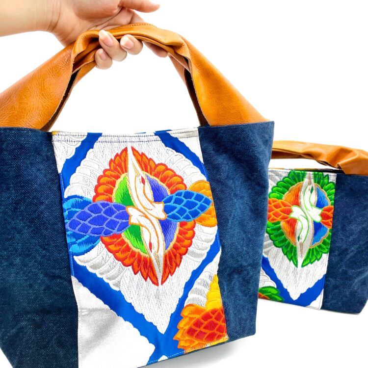 Large Canvas Obi Leather Tote Bag Twin Bird