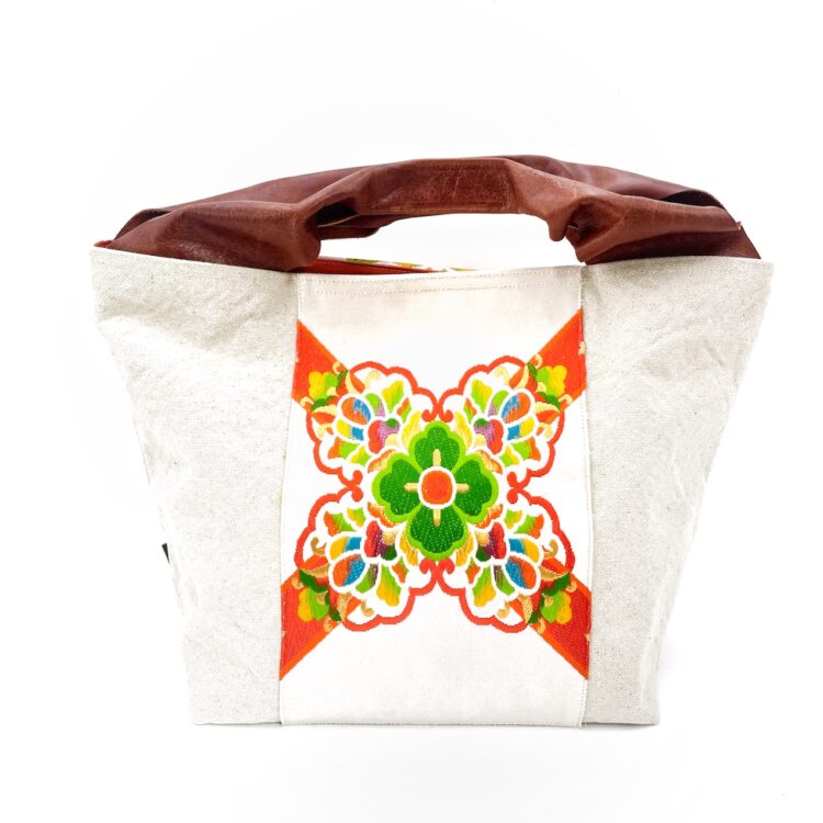 Large Canvas Obi Leather Tote Bag Summer Rainbow