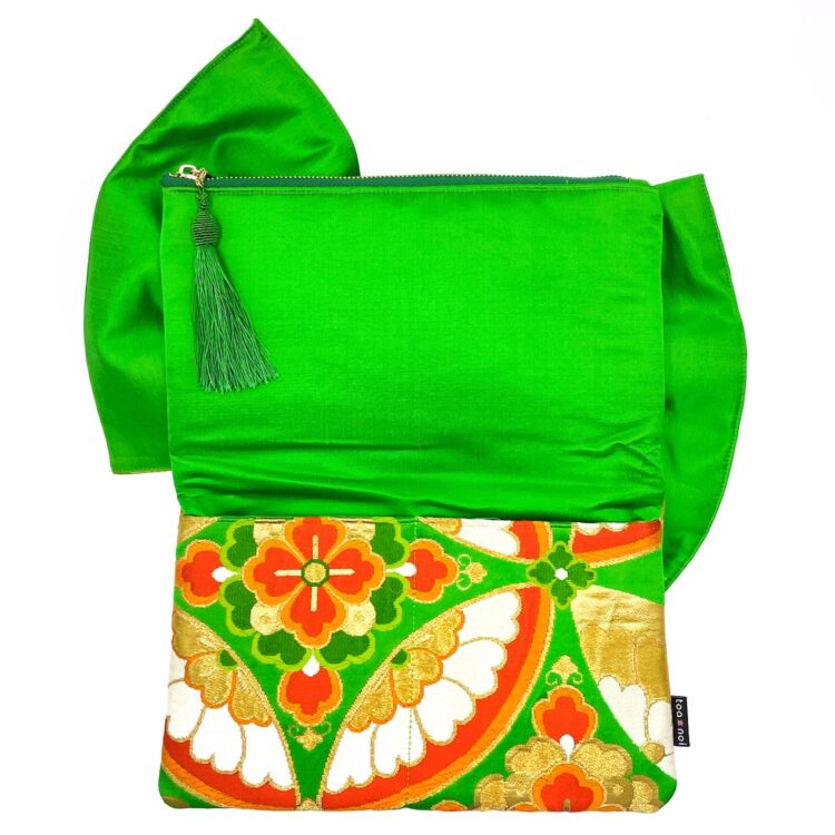 Kimono Ribbon Clutch Bag Flower Green