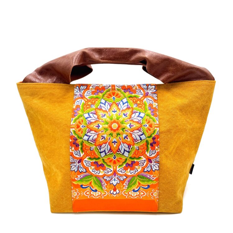 着物帯 イエロー サンドストーム レザーハンドル トート ラージサイズ