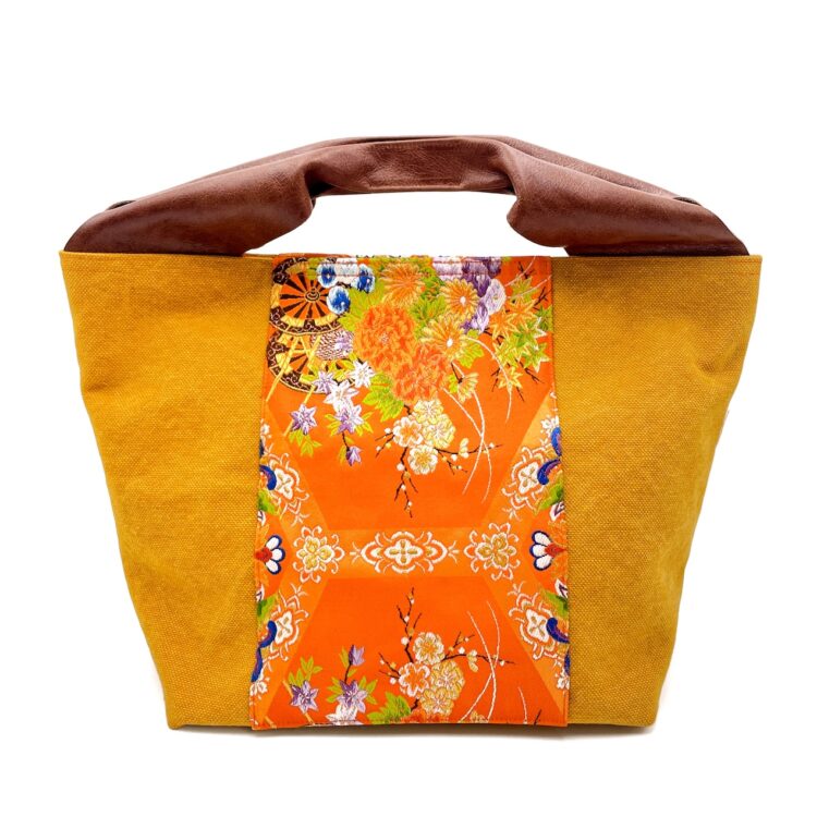 着物帯 イエロー サンドストーム レザーハンドル トート ラージサイズ