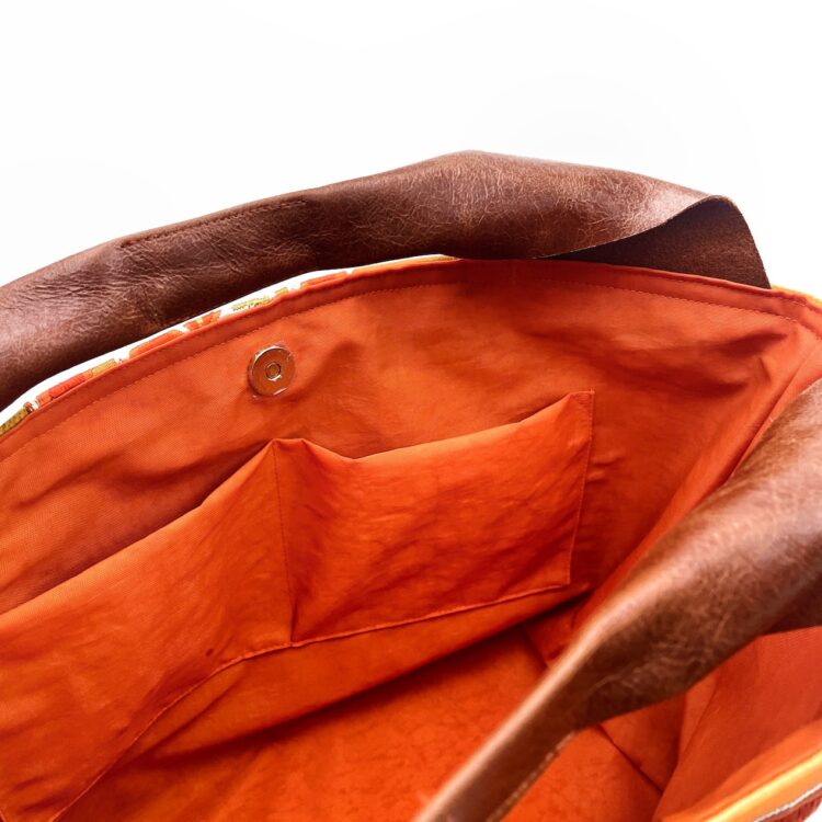 着物帯 オレンジ サニー ハニカム レザーハンドル トート ラージサイズ