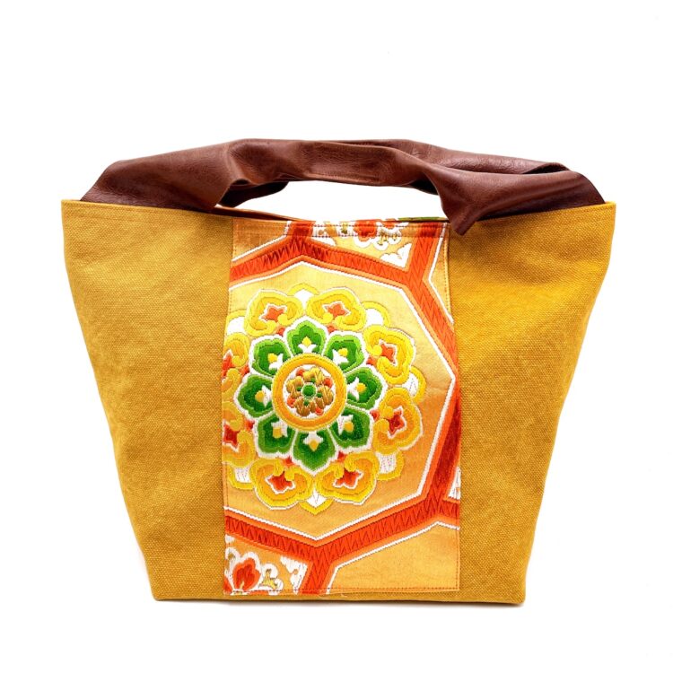 着物帯 オレンジ サニー ハニカム レザーハンドル トート ラージサイズ