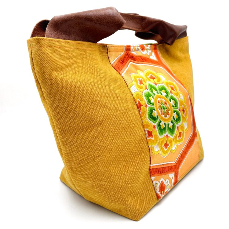 着物帯 オレンジ サニー ハニカム レザーハンドル トート ラージサイズ