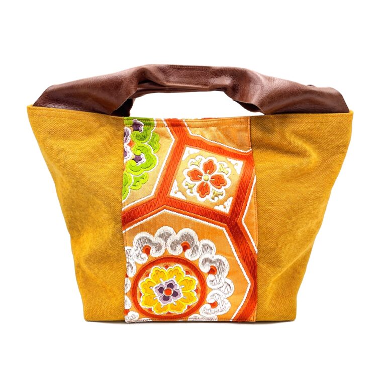 着物帯 オレンジ サニー ハニカム レザーハンドル トート ラージサイズ