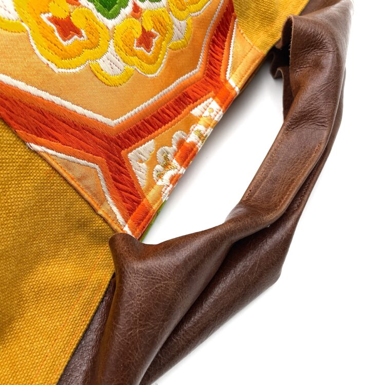 着物帯 オレンジ サニー ハニカム レザーハンドル トート ラージサイズ