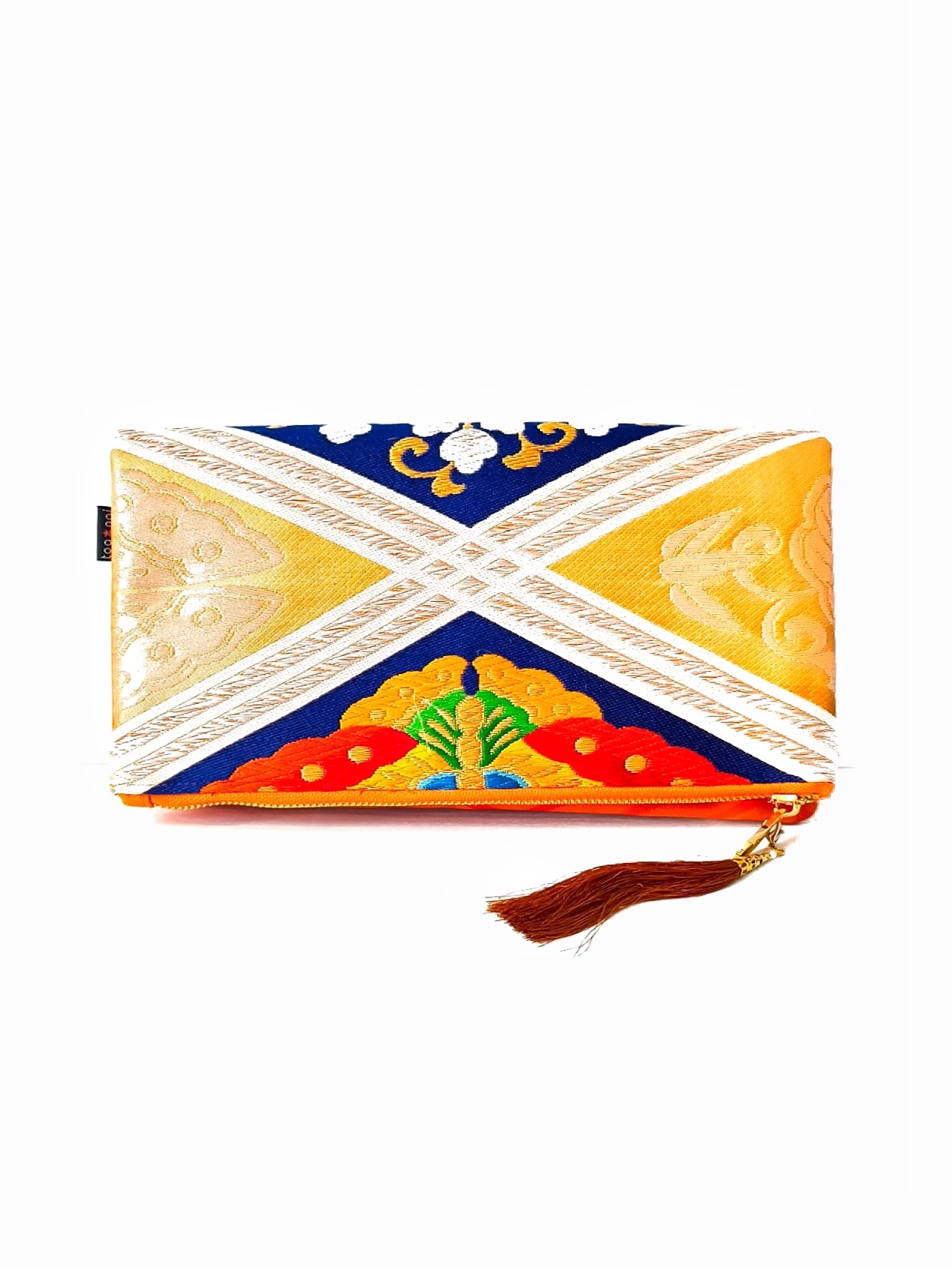 Blue and gold kimono obi clutch with a woven geometric pattern