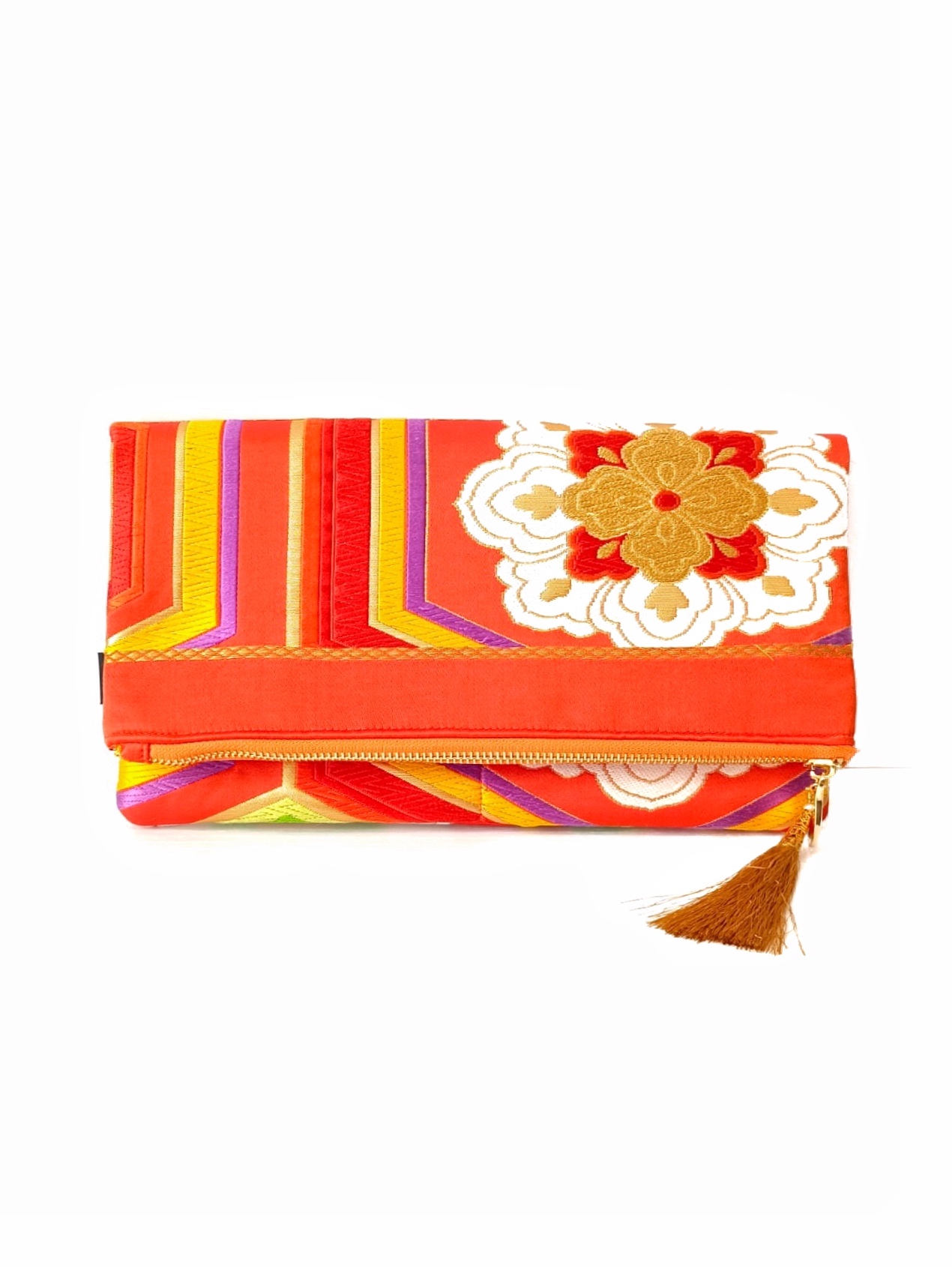 Orange kimono obi clutch with gold and white flower medallion